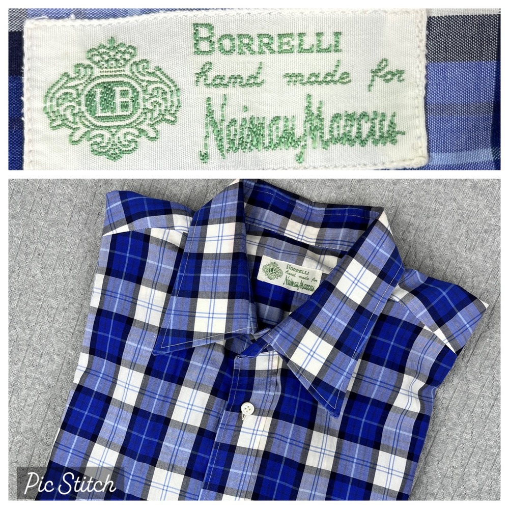 Vintage Luigi Borrelli Button Up Shirt Men L Blue Tartan Plaid Neiman Marcus